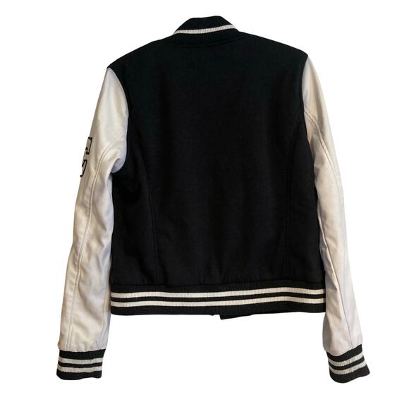 Yoki Blue White Faux Leather Preppy AC Patch Lightweight Varsity Jacket Sz Small - Picture 2 of 16